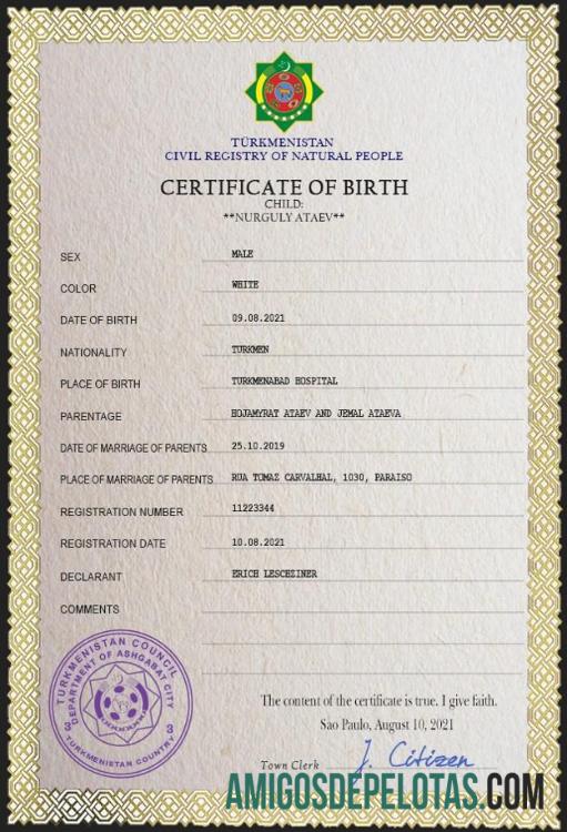 Em branco modelo PSD de certidão de nascimento de registro vital do Turcomenistão